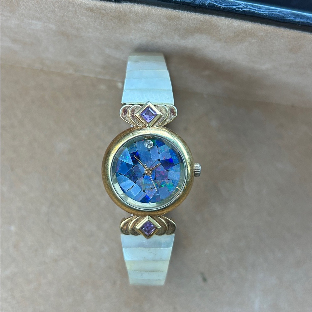 Women's Opal Mosaic Dial Gold-Tone Watch with White Mother-of-Pearl Band